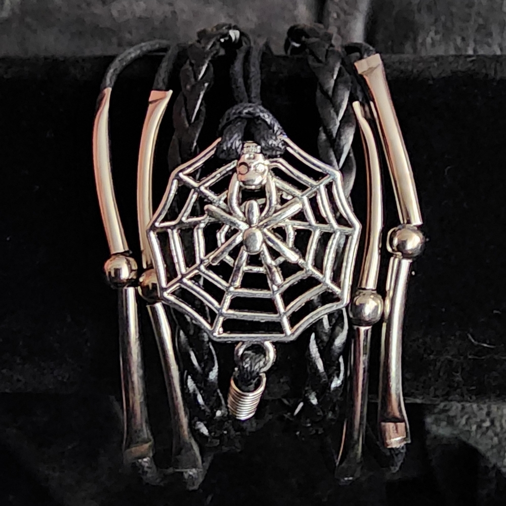Spiderweb Layered Faux Leather Silver Spider Web Beads Black Adjustable Bracelet - Picture 5 of 6
